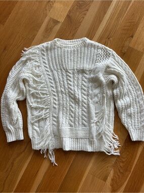 Idyllwind Ivory/white Fringe Cable Knit Crewneck Sweater